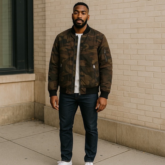 Calvin Klein Men’s Medium Olive Camo Quilted Flight Jacket – Zipper Detail. - Picture 1 of 6